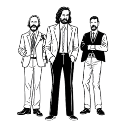 Line art drawing of a man, representing Apollo Legend (Benjamin Smith), standing between TwinGalaxies and the disgraced cheaters, Todd Rogers and Billy Mitchell. His actions lead to the removal of their records and their permanent ban. The drawing is done in black and white, against a white backdrop.