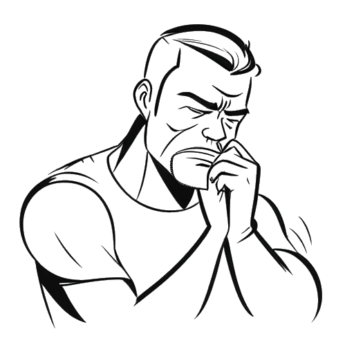 Dibujo en arte lineal de un hombre, representando a Apollo Legend (Benjamin Smith), con el corazón pesado, enfrentando luchas de salud mental. Lucha contra la hipocresía y el acoso dentro de la comunidad Speedrun. El dibujo está hecho en blanco y negro, contra un fondo blanco.