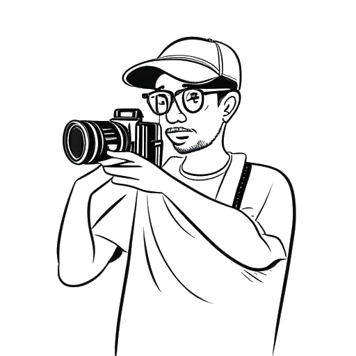 Desenho em arte de linha de um homem, representando Apollo Legend (Benjamin Smith), segurando uma câmera e filmando seu primeiro vídeo no YouTube intitulado 'When Tourney Comes to Town'. O desenho é feito em preto e branco, em um fundo branco.