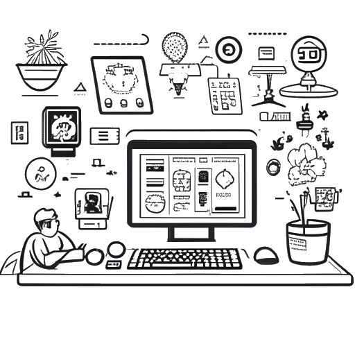 Line art drawing of a man representing Apollo Legend, sitting behind a computer, streaming gameplay and creating YouTube content. Icons depict ad revenue, sponsorships, and merchandise sales, symbolizing his diverse revenue streams.