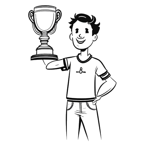Dibujo de arte lineal de una persona sosteniendo un trofeo y un cheque de reembolso.
