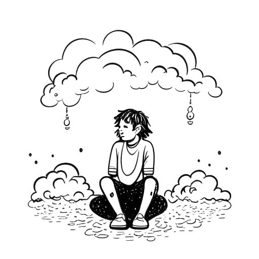 Desenho de arte em linha de uma pessoa sentada com a cabeça nas mãos, cercada por nuvens com gotas de chuva.