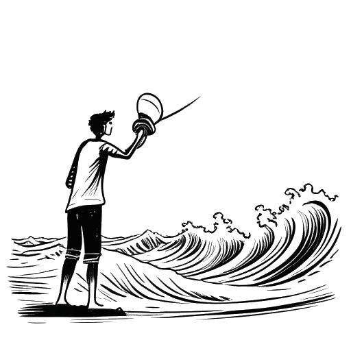 Line art drawing of a person standing on a beach holding a megaphone, with ocean waves in the background.