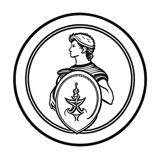 Dibujo de arte lineal de una persona sosteniendo un escudo con las palabras 'En Memoria de Apollo Legend'.