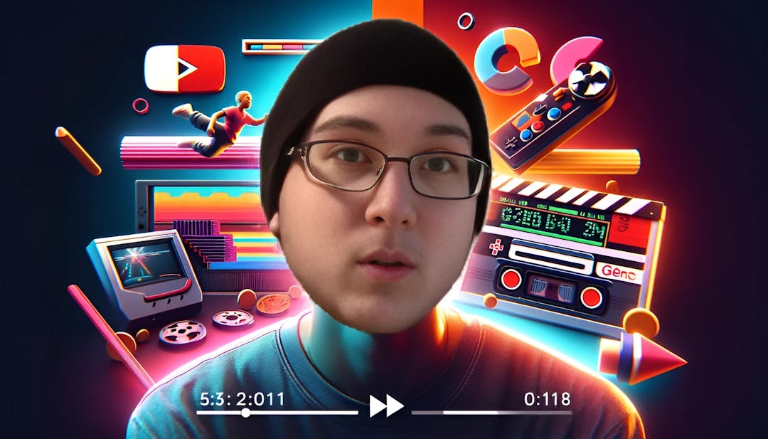 Apollo Legend, a determined and resilient figure in the Speedrun community. Bald with light skin, he wears glasses and a beanie, exuding a cool vibe. The vibrant background showcases his dedication to fair play, featuring gaming consoles, speedrun timers, and retro game cartridges. The play of light and shadows symbolizes the challenges he overcame. A visually captivating thumbnail that reflects Apollo's impactful contributions to the Speedrun world.