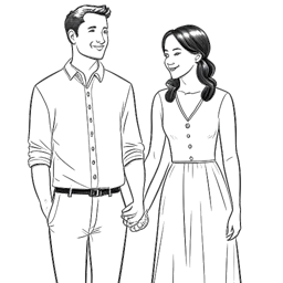 Strichzeichnung von Miriam Bryant und ihrem Ehemann Victor, die freudig zusammenstehen und Händchen halten. Das Bild strahlt eine herzliche Atmosphäre aus. Das Bild ist in Schwarz-Weiß gegen einen weißen Hintergrund.