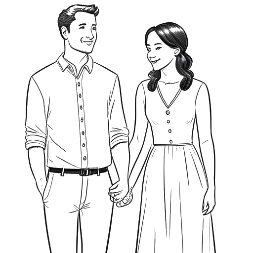 Desenho em arte de linha de Miriam Bryant e seu marido Victor, alegremente de mãos dadas. A imagem exala uma atmosfera calorosa. A imagem é em preto e branco em um fundo branco.