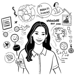 Line art drawing of Miriam Bryant with a text bubble saying 'Fun Facts'. The image depicts visual representations of her fun facts, including a guitar, a world map, a spider, a 'Game of Thrones' logo, and an H&M logo. The image is in black and white against a white background.