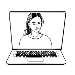 Dessin au trait d'une page de profil MySpace représentant Miriam Bryant, avec le logo MySpace sur l'écran d'un ordinateur portable. Le profil montre un nombre significatif d'abonnés, indiquant sa popularité croissante. L'image est en noir et blanc sur fond blanc.
