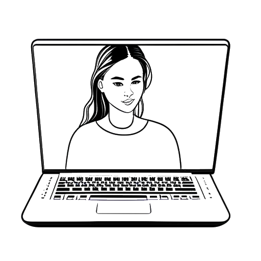 Desenho em arte de linha de uma página de perfil do MySpace representando Miriam Bryant, com o logo do MySpace em uma tela de laptop. O perfil mostra um número substancial de seguidores, indicando sua crescente popularidade. A imagem é em preto e branco em um fundo branco.