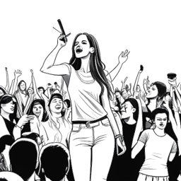 Lijnkunsttekening van Miriam Bryant die op het podium optreedt naast DJ Zedd en Axwell / Ingrosso. De afbeelding vangt het levendige publiek en de pulserende energie van het optreden. De afbeelding is in zwart-wit tegen een witte achtergrond.