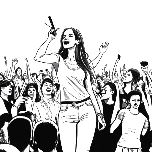 Line art drawing of Miriam Bryant performing on stage alongside DJ Zedd and Axwell / Ingrosso. The image captures the vibrant crowd and the pulsating energy of the performance. The image is in black and white against a white background.