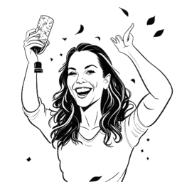 Line art drawing of Miriam Bryant holding the Song of the Year award in her hands. She has a triumphant expression while confetti fills the background. The image is in black and white against a white background.