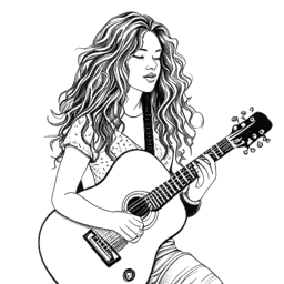 Strichzeichnung einer Frau, die Miriam Bryant darstellt, mit langen lockigen Haaren und einer Gitarre in den Händen, die Leidenschaft und Kreativität ausstrahlt. Das Bild ist in Schwarz-Weiß gegen einen weißen Hintergrund.