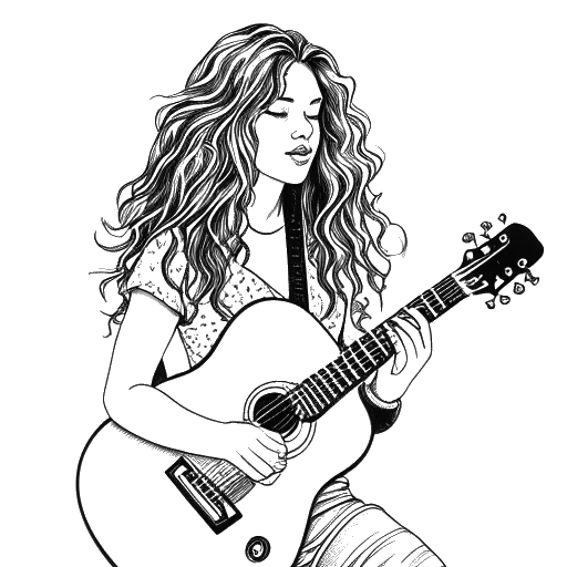 Lijnkunsttekening van een vrouw die Miriam Bryant representeert, met lang krullend haar en een gitaar in haar handen, stralend van passie en creativiteit. De afbeelding is in zwart-wit tegen een witte achtergrond.
