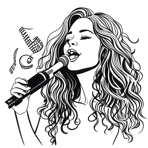 Desenho de arte linear de uma mulher representando Miriam Bryant, com cabelos longos desalinhados, segurando confiantemente um microfone. Ao seu redor, há notas musicais e cifrões, simbolizando seu sucesso na indústria musical.