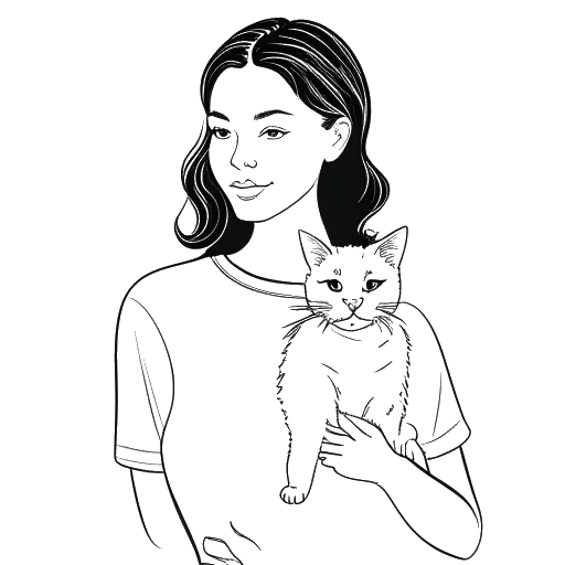 Desenho em arte linear de uma jovem mulher, representando Miriam Bryant, segurando seu gato de estimação
