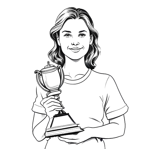 Line drawing of a young woman, representing Miriam Bryant, holding a trophy, all on a white background.