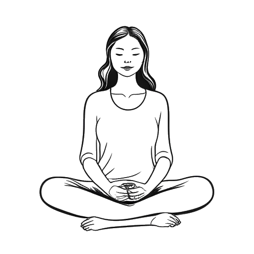 Line drawing of a young woman, representing Miriam Bryant, meditating, all on a white background.