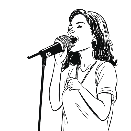 Line art drawing of a young woman, representing Miriam Bryant, holding a microphone and performing on stage