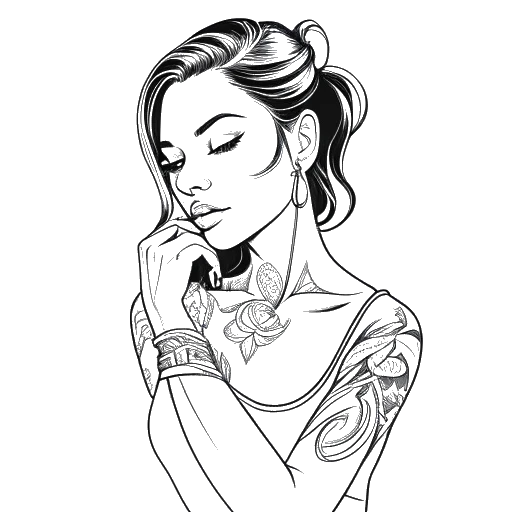 Line art drawing of a young woman, representing Miriam Bryant, showing her tattoos