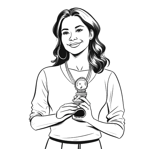 Line drawing of a young woman, representing Miriam Bryant, holding the Song of the Year award, all on a white background.