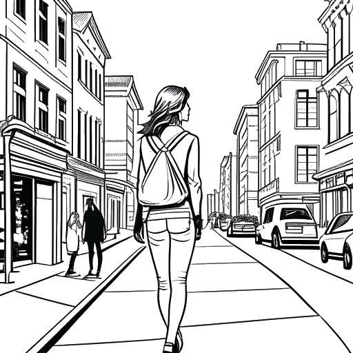 Line drawing of a young woman, representing Miriam Bryant, strolling in a city reminiscent of her hometown Göteborg, all on a white background.