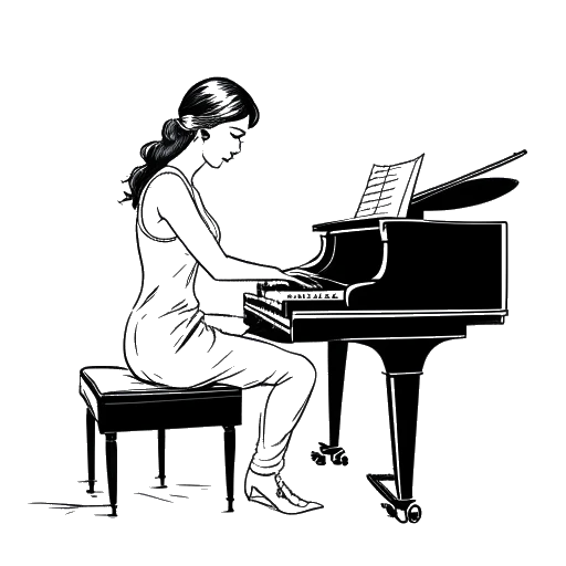 Line drawing of a young woman, representing Miriam Bryant, sitting at a piano, composing music, all on a white background.