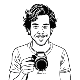 Line art drawing of David Dobrik co-founding the photo-sharing app Dispo, recreating the nostalgic experience of using disposable cameras.