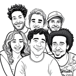 Line art drawing of David Dobrik collaborating with fellow YouTubers and former Viners, Liza Koshy, Gabbie Hanna, Jason Nash, and Zane & Heath. They are known for their pranks, adorable animals, and surprise celebrity appearances.