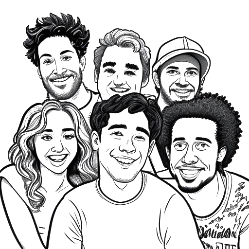Line art drawing of David Dobrik collaborating with fellow YouTubers and former Viners, Liza Koshy, Gabbie Hanna, Jason Nash, and Zane & Heath. They are known for their pranks, adorable animals, and surprise celebrity appearances.