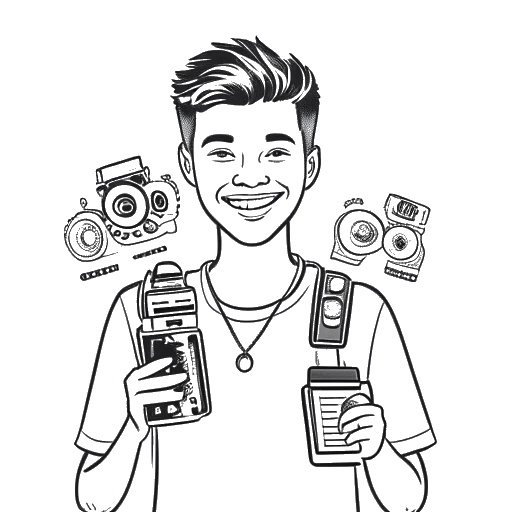 Dessin en ligne d'un homme, représentant David Dobrik, avec un sourire charismatique, tenant une caméra. Il est entouré de signes de dollar et de boutons de lecture YouTube, symbolisant sa carrière réussie et sa valeur nette impressionnante.