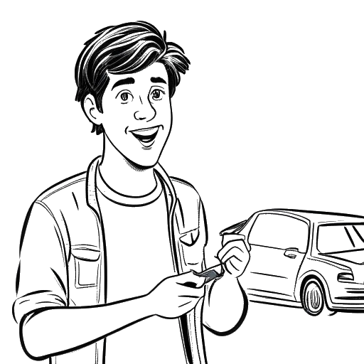 Line art drawing of a young man, representing David Dobrik, handing keys to a surprised recipient.