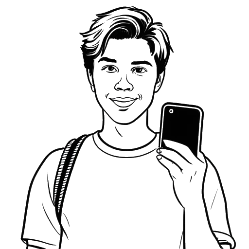 Dibujo de arte lineal de un joven, representando a David Dobrik, sosteniendo un teléfono inteligente con una interfaz de cámara retro.