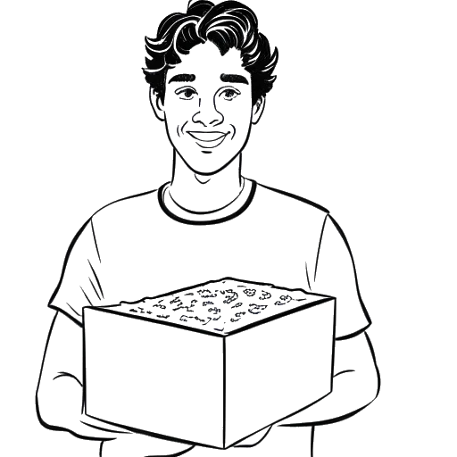Dibujo de arte lineal de un joven, representando a David Dobrik, sosteniendo una caja de pizza.