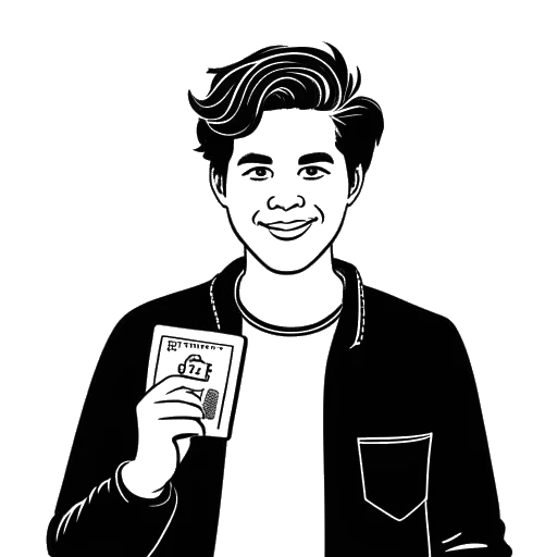 Line art drawing of a young man, representing David Dobrik, holding a green card.