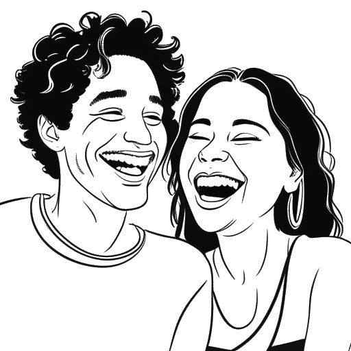 Line art drawing of a young couple, representing David Dobrik and Liza Koshy, laughing together.