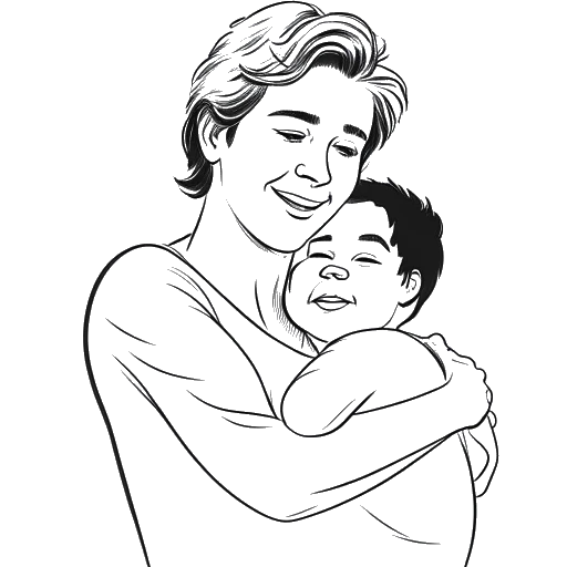 Dibujo de arte lineal de un joven, representando a David Dobrik, abrazando a su madre.