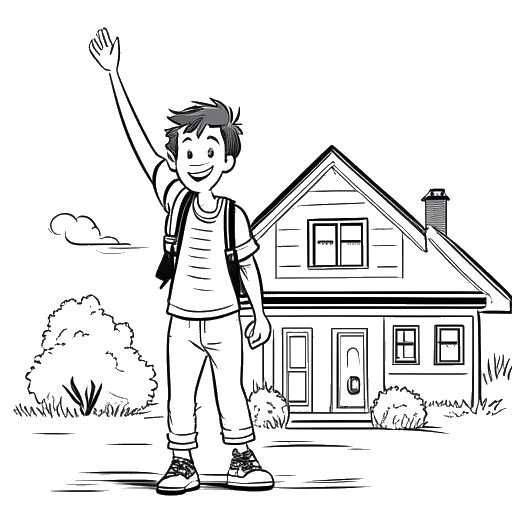 Line art drawing of a young boy, representing David Dobrik, waving goodbye with a backpack, in front of a small house.