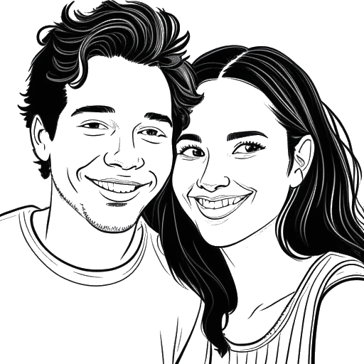 Line art drawing of a young man and woman, representing David Dobrik and Natalie Mariduena, smiling together.