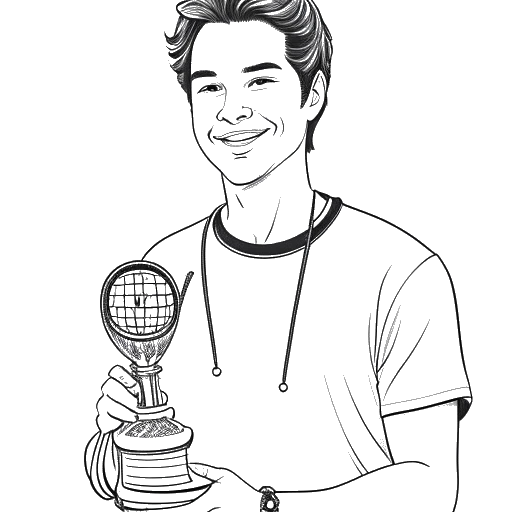 Dibujo de arte lineal de un joven, representando a David Dobrik, sosteniendo un trofeo de tenis y una raqueta de tenis.