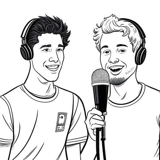 Desenho artístico de dois jovens, representando David Dobrik e Jason Nash, segurando microfones.