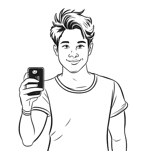 Line art drawing of a young man, representing David Dobrik, holding a smartphone and filming himself.