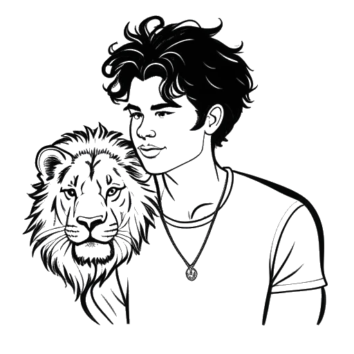 Line art drawing of a young man, representing David Julian Dobrik, with a lion symbol.