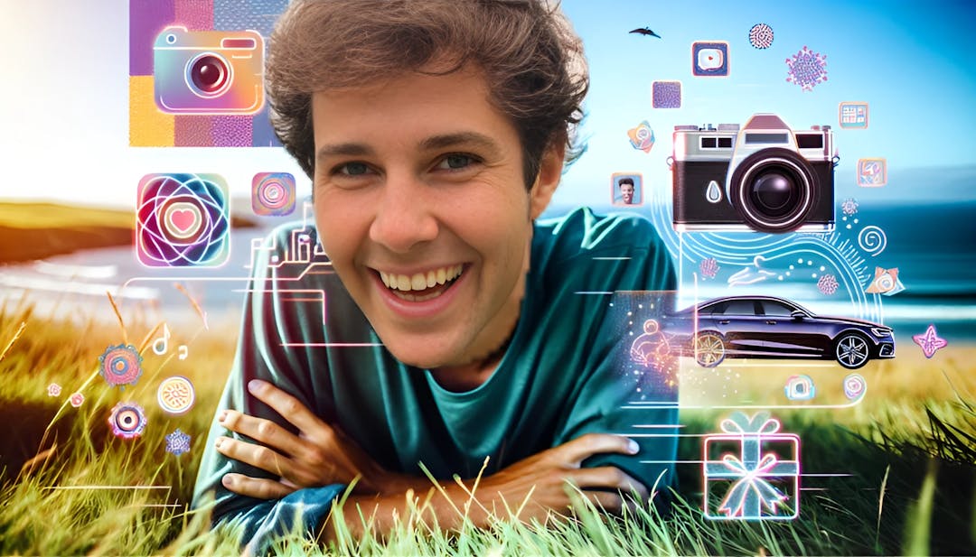 David Dobrik, a light-skinned male with an average body type, lies on grass near the sea in a relaxed pose. He looks straight at the camera with a confident smile. The vibrant thumbnail includes elements representing his social media journey, like YouTube play buttons and the Dispo app logo. Wrapped gifts and a car symbolize his love for surprises. Eyes are drawn to the high-resolution details and vibrant colors of the image.