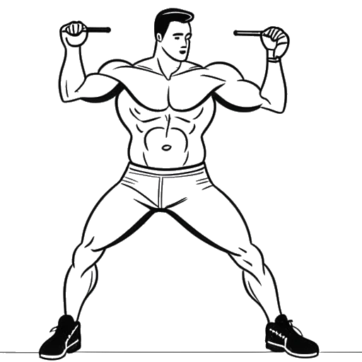 Strichzeichnung eines muskulösen Mannes, der Sascha Huber darstellt und Übungen mit einem YouTube-Play-Button im Hintergrund zeigt.