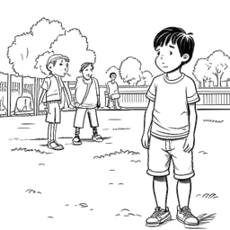 Strichzeichnung eines schlanken Jungen, der den jungen Sascha Huber darstellt, allein und von anderen Kindern auf einem Schulhof gehänselt.