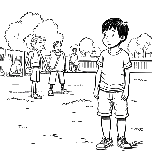 Strichzeichnung eines schlanken Jungen, der den jungen Sascha Huber darstellt, allein und von anderen Kindern auf einem Schulhof gehänselt.