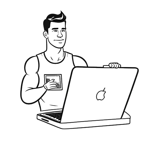 Strichzeichnung eines muskulösen Mannes, der eine Kamera hält, was Sascha Huber symbolisiert, mit einem Laptop, der eine YouTube-Kanal-Seite zeigt, vor einem weißen Hintergrund