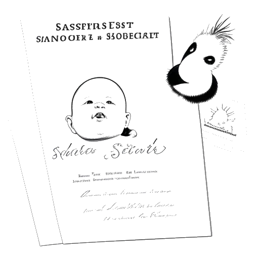 Strichzeichnung eines Babys, das von einem Storch ausgeliefert wird, das Sascha Hubers Geburt am 19. August 1992 symbolisiert.